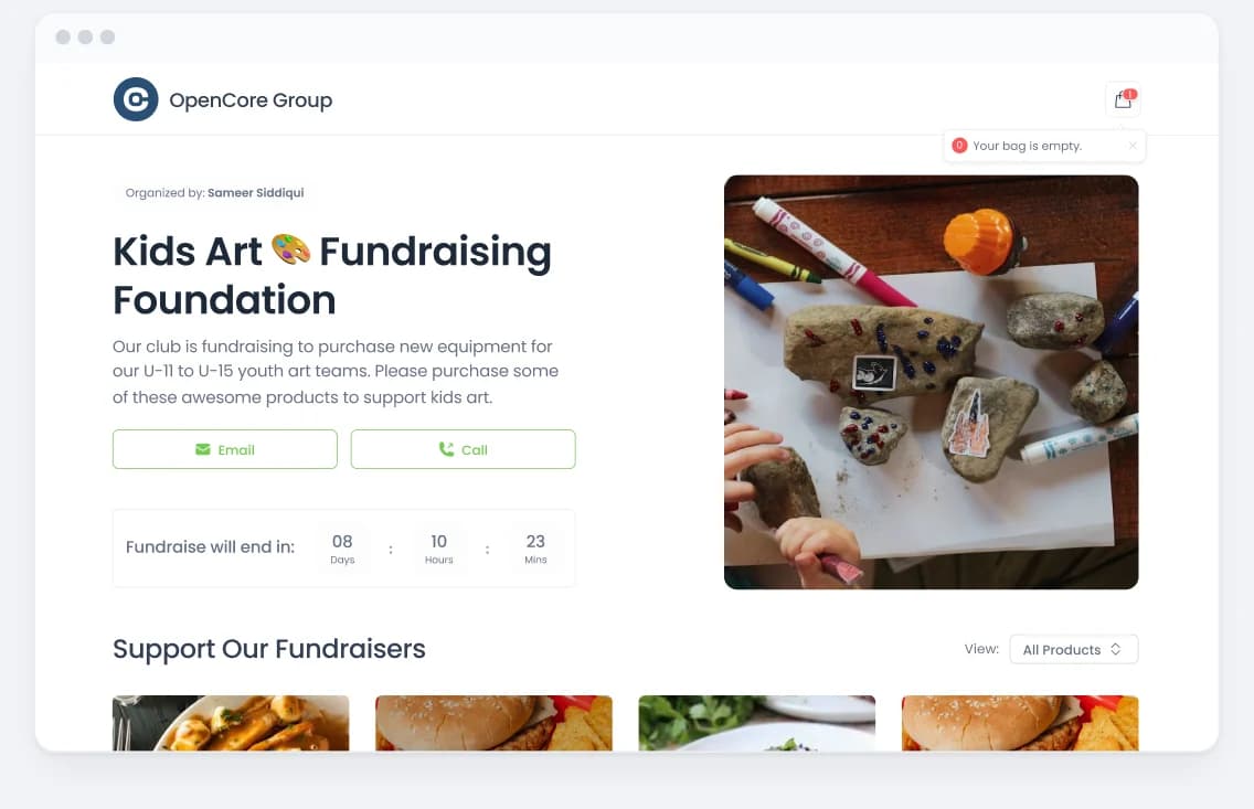 A fundraiser's page for the Kids Art Fundraising Foundation, with its countdown, contact buttons and products