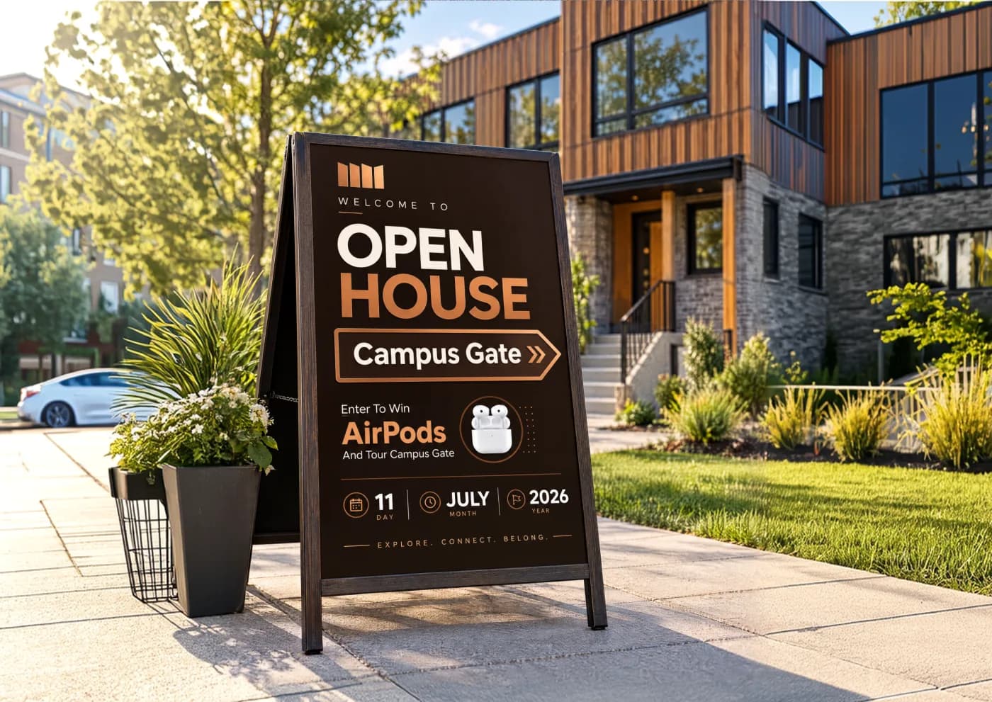 Campus Gate open house sandwich board outside the residence