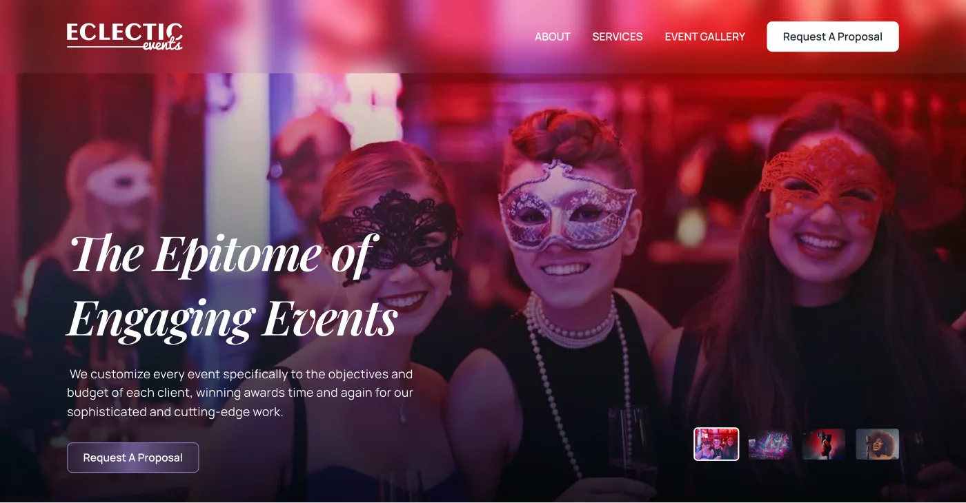 Eclectic Events website hero with guests in masquerade masks