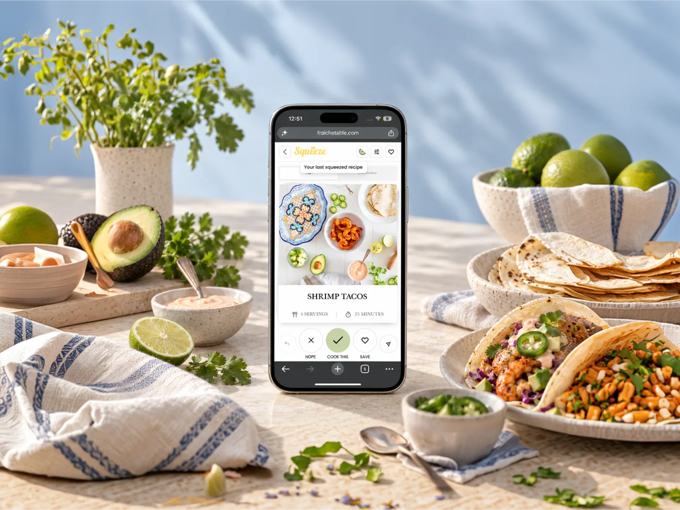 Fraîche Table app prototype on a phone beside a meal