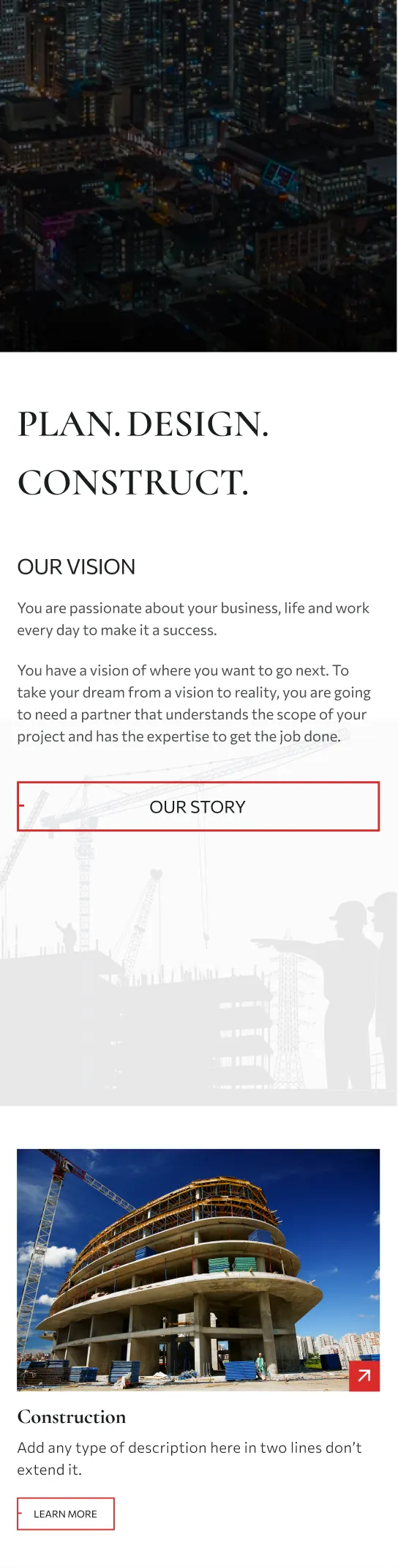 Mobile homepage: the “Leaders In Quality Commercial Construction” hero, “Plan. Design. Construct.” and the Construction service card