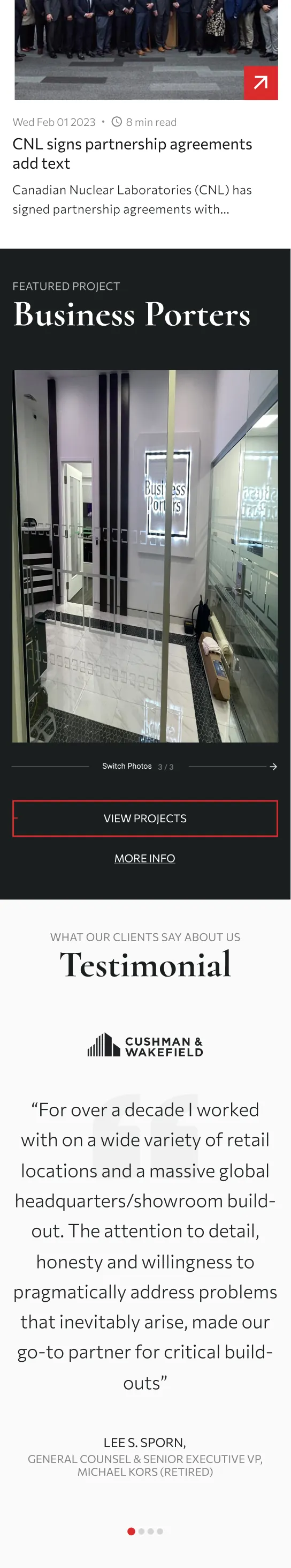 Mobile news and featured project: a news card, the Business Porters project and a client testimonial