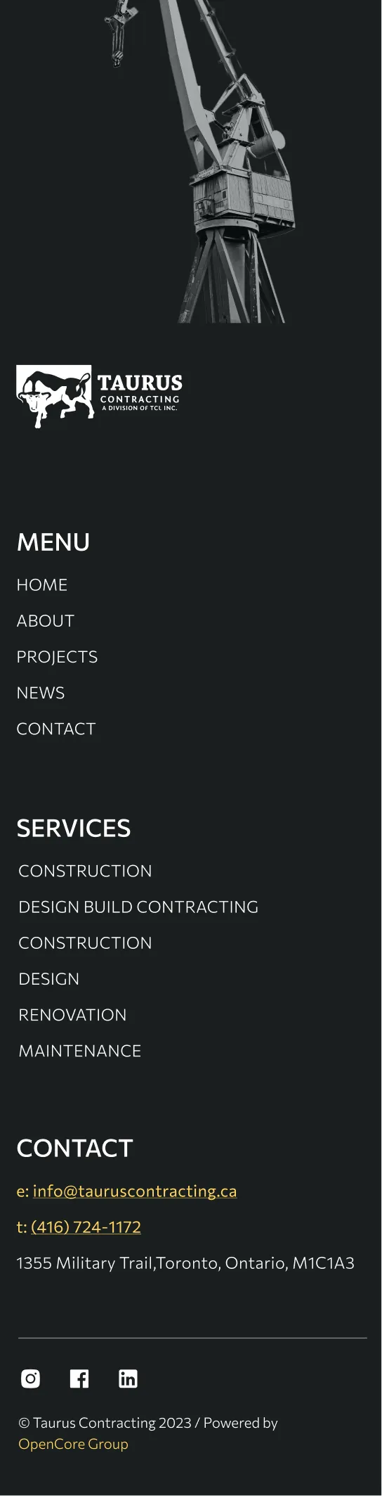 Mobile footer: menu, services and contact details under a crane photo