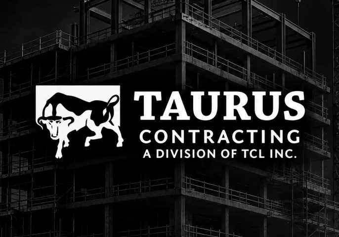 The Taurus Contracting bull logo, “Taurus Contracting, a division of TCL Inc.”, over a steel frame under construction