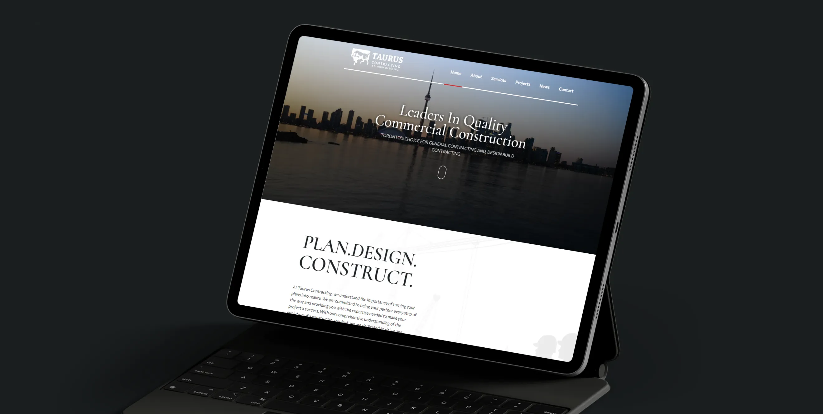 The new Taurus homepage on an iPad: “Leaders In Quality Commercial Construction” over the Toronto skyline, then “Plan. Design. Construct.”