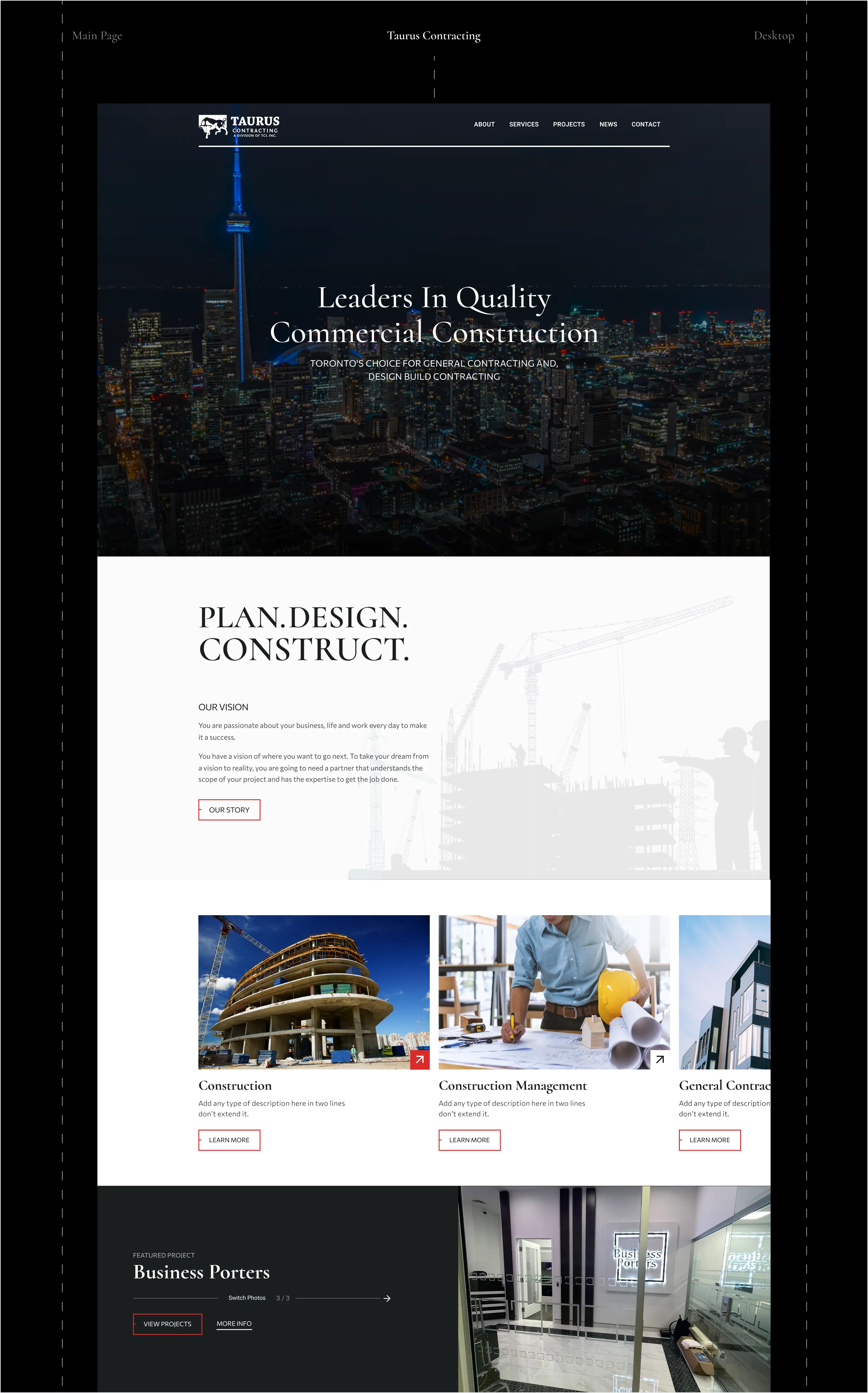 The new Taurus homepage, desktop: “Leaders In Quality Commercial Construction” hero, Plan. Design. Construct., service cards and the Business Porters featured project