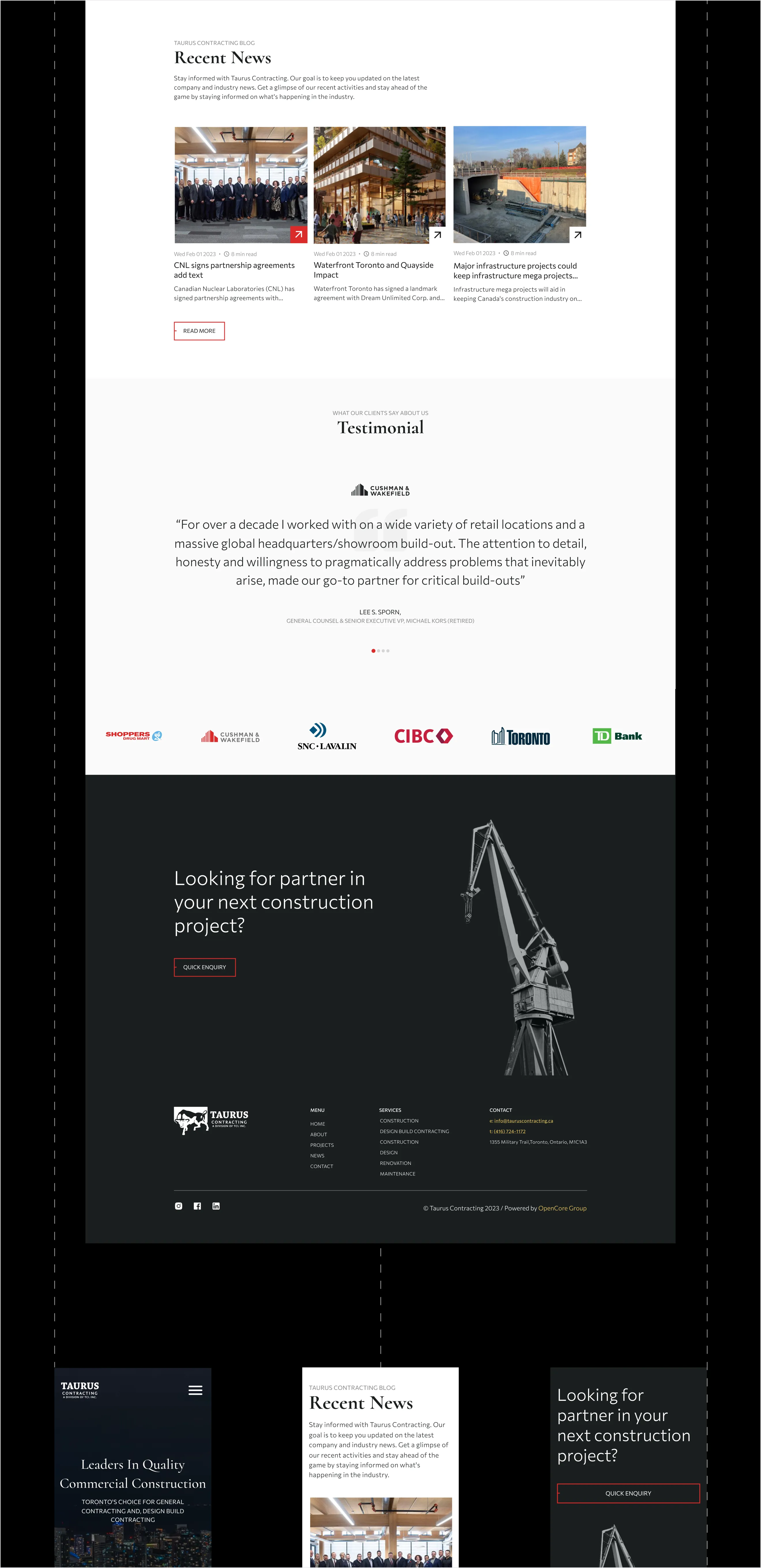 The rest of the homepage: Recent News, a Cushman & Wakefield testimonial, client logos, the “Looking for partner in your next construction project?” banner, the footer and three phone screens