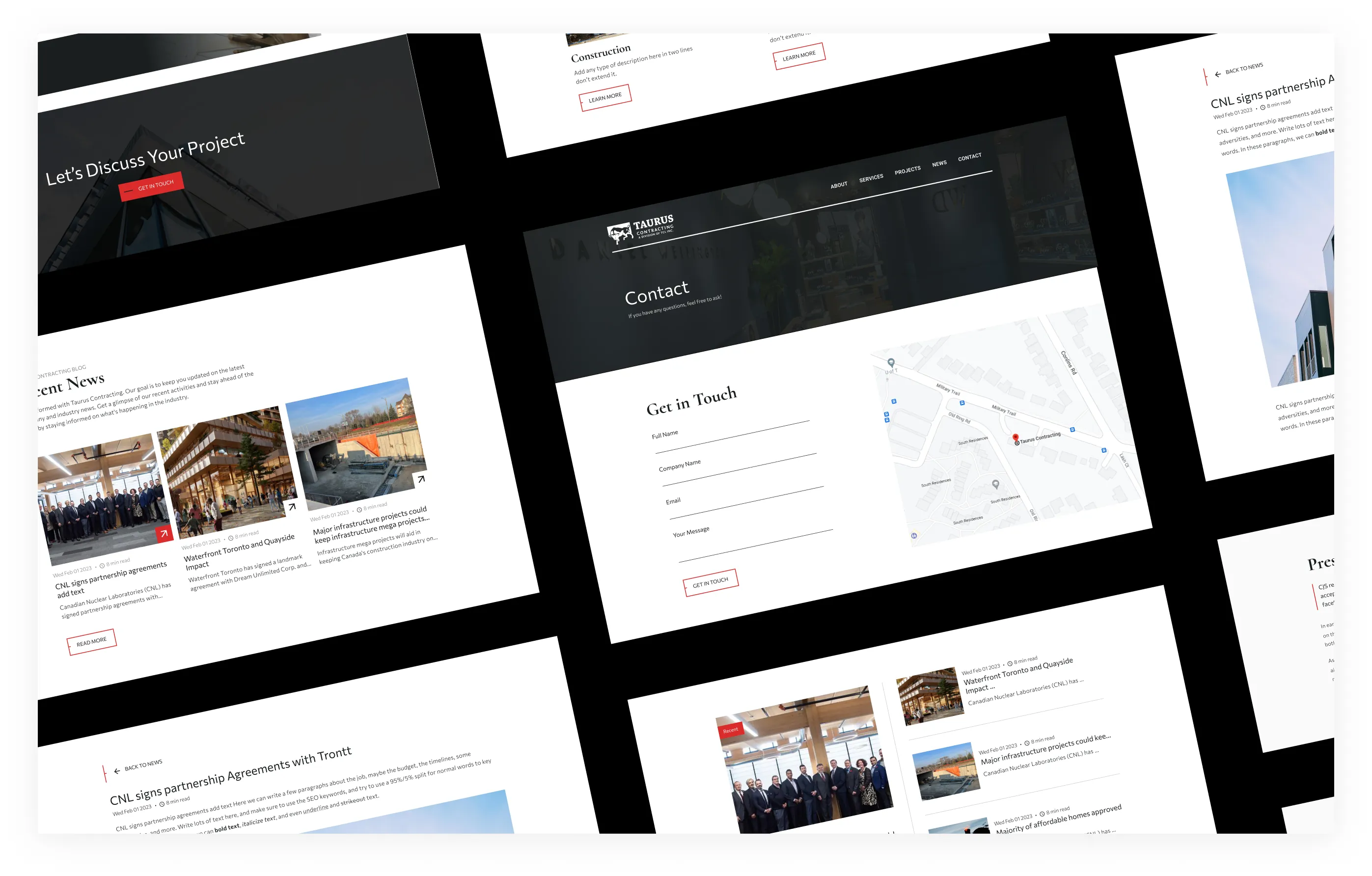 The inner pages on a tilted wall: Contact with a Get in Touch form and map, Recent News, a news article, Services and a Let’s Discuss Your Project banner